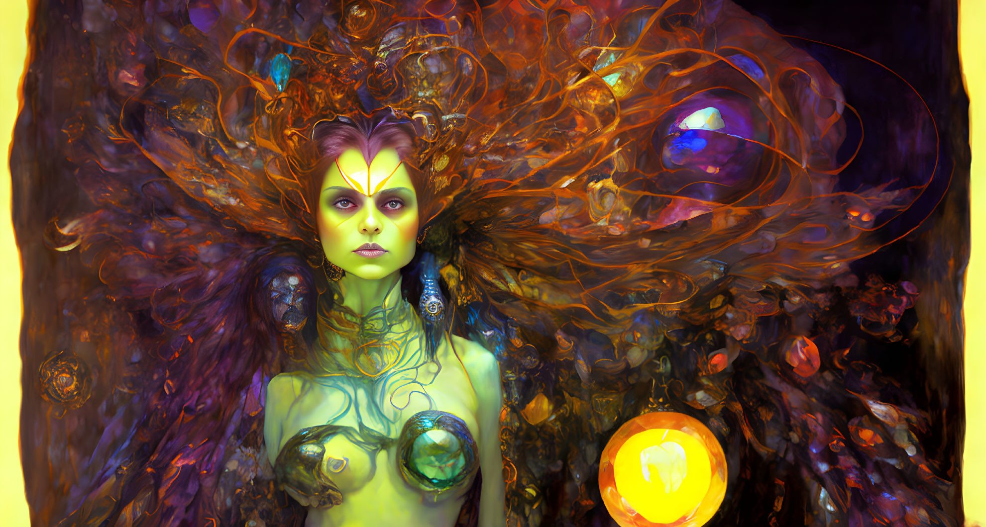 Fantasy female creature with ornate, swirling hair and glowing orbs.