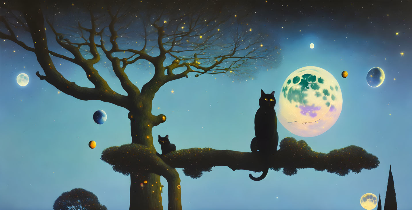 Illustration of two black cats on tree branch under starry sky
