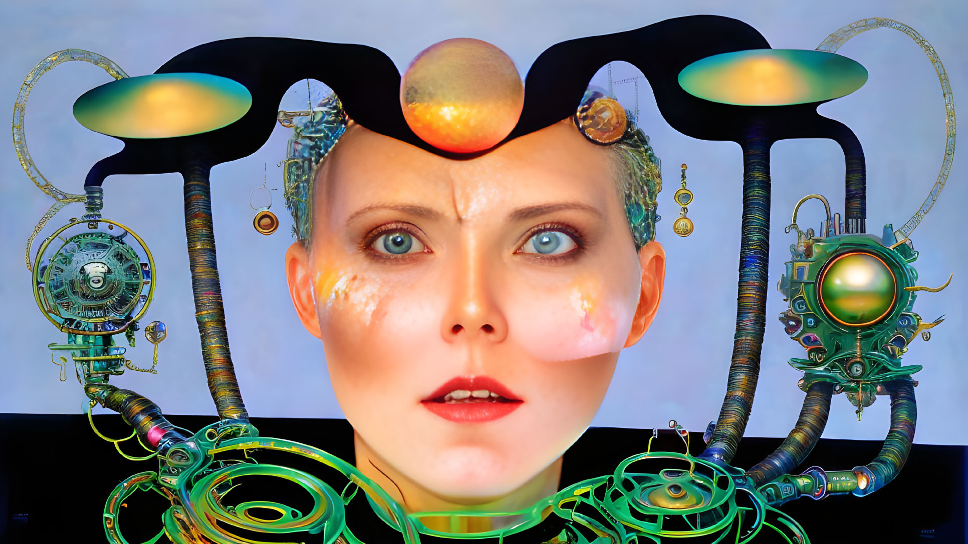 Surreal portrait of woman with mechanical headdress and glowing orbs on blue backdrop