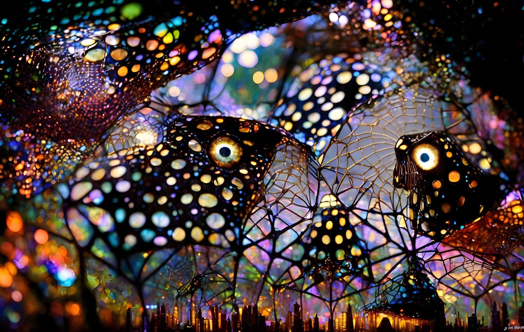 Cityscape with butterfly-wing-like structures and vibrant light bokeh.