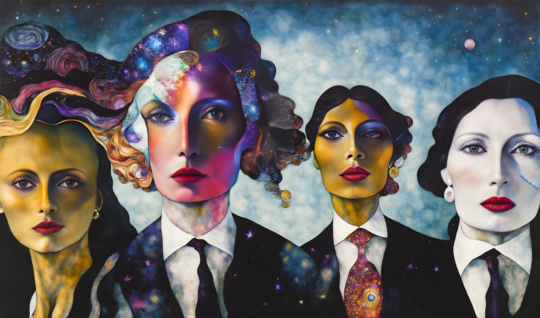 Four women surreal painting with cosmic features