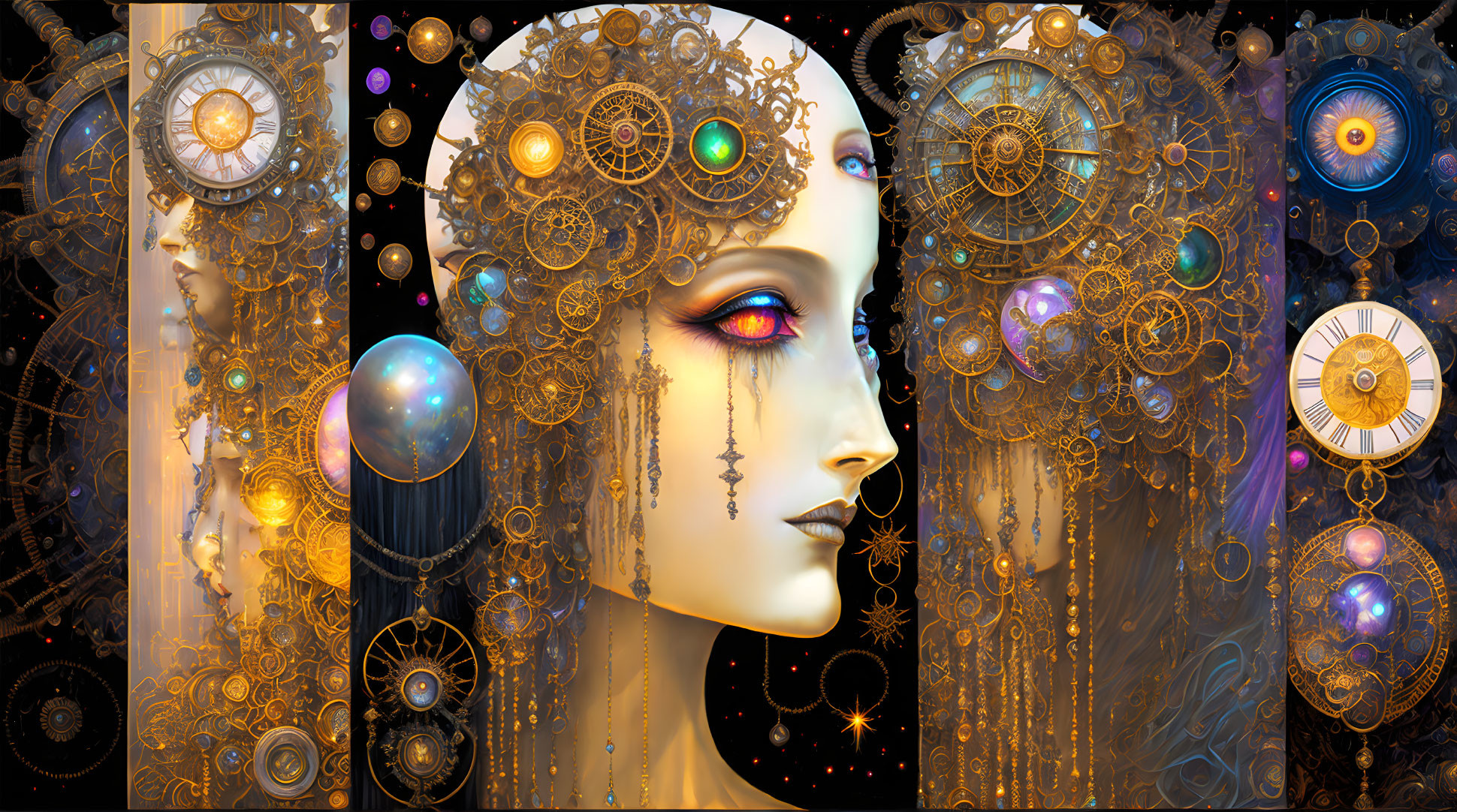 Profile of woman with mechanical and cosmic elements in vibrant colors