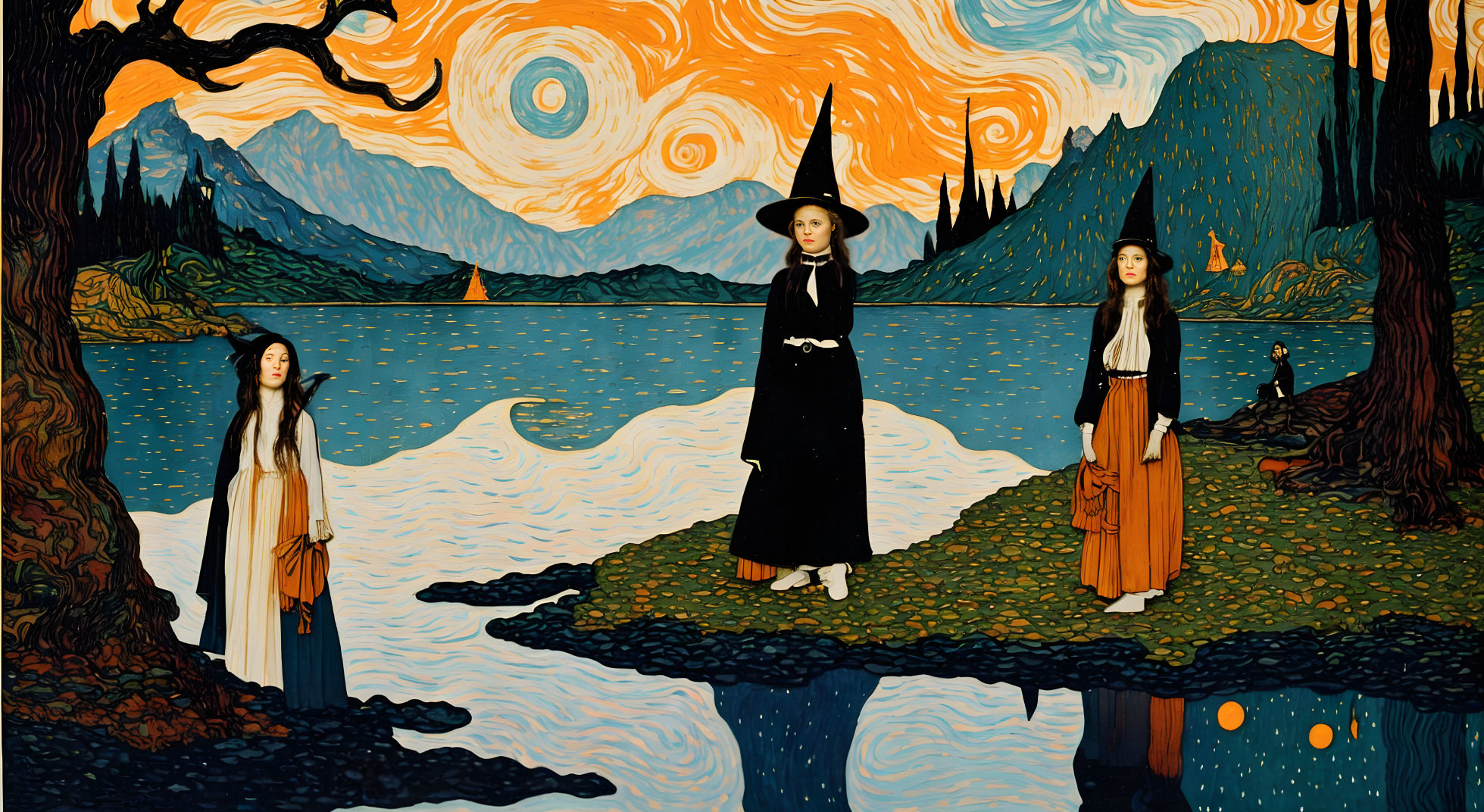 Three women in witch costumes by a lake in a Van Gogh-inspired landscape