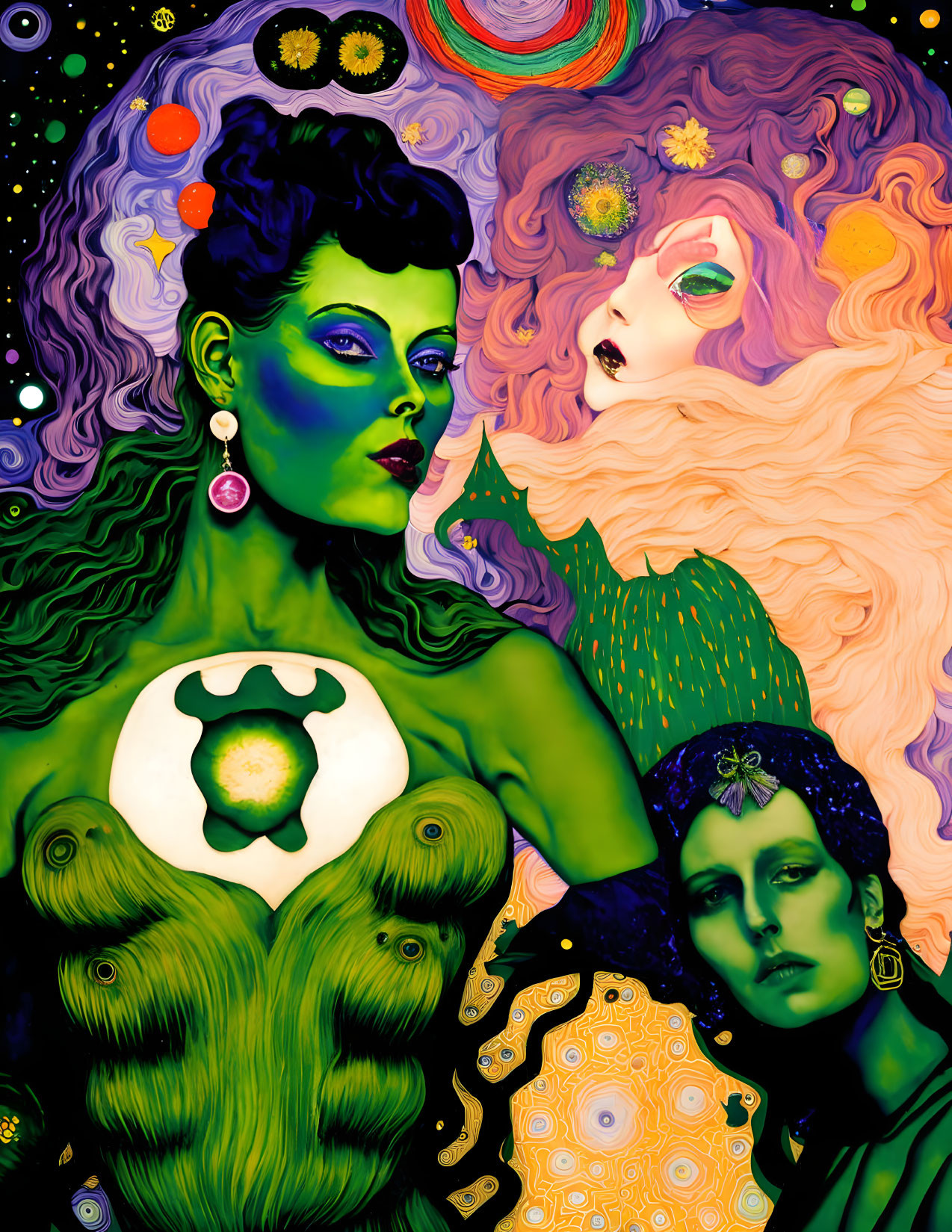 Colorful Psychedelic Illustration of Three Women in Cosmic Setting