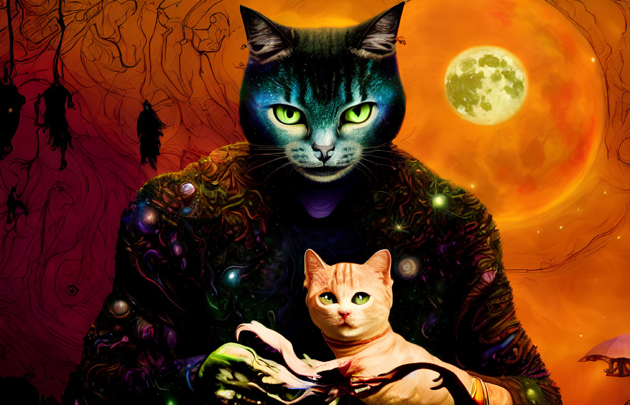 Surreal cosmic cat-themed artwork with moons and mystical elements