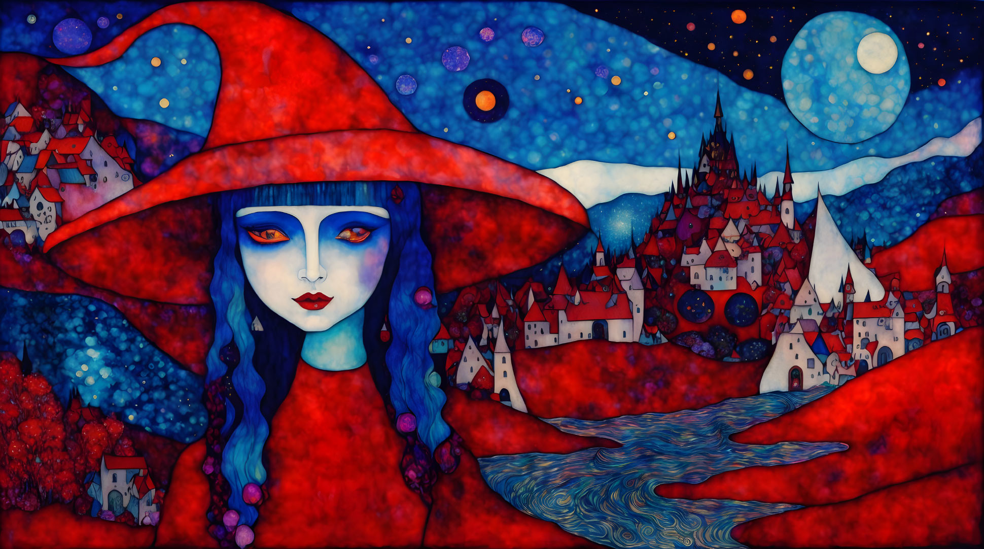 Fantasy artwork: Blue-faced woman in red hat, surreal night sky & red houses