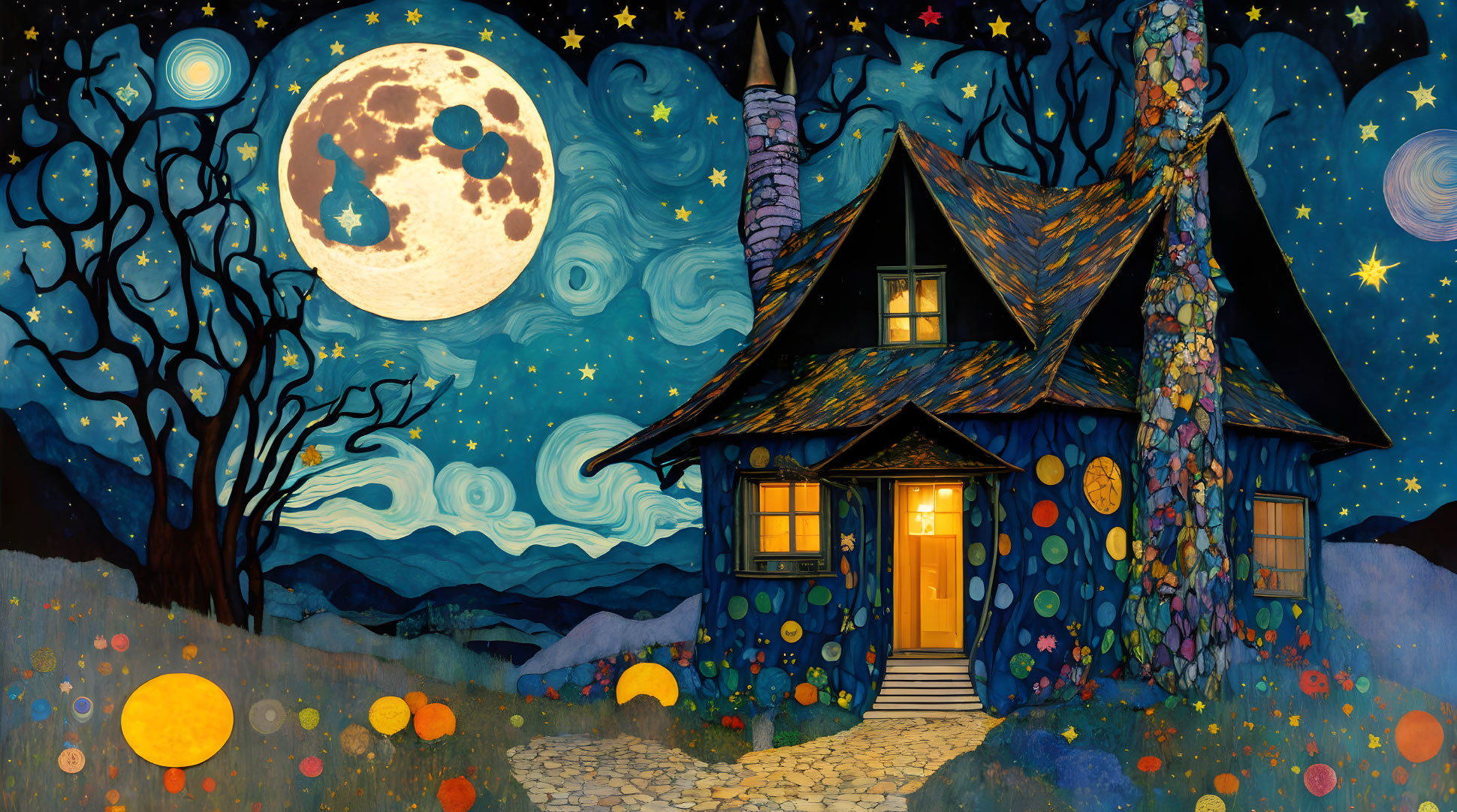 Starry Night Scene with Full Moon, Enchanting House, and Colorful Orbs