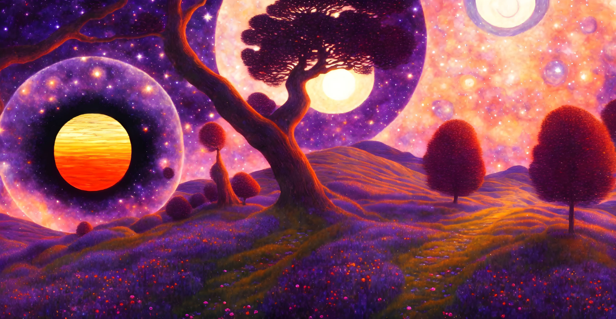 Colorful landscape with rolling hills, circular canopy trees, and celestial bodies in purple-orange sky