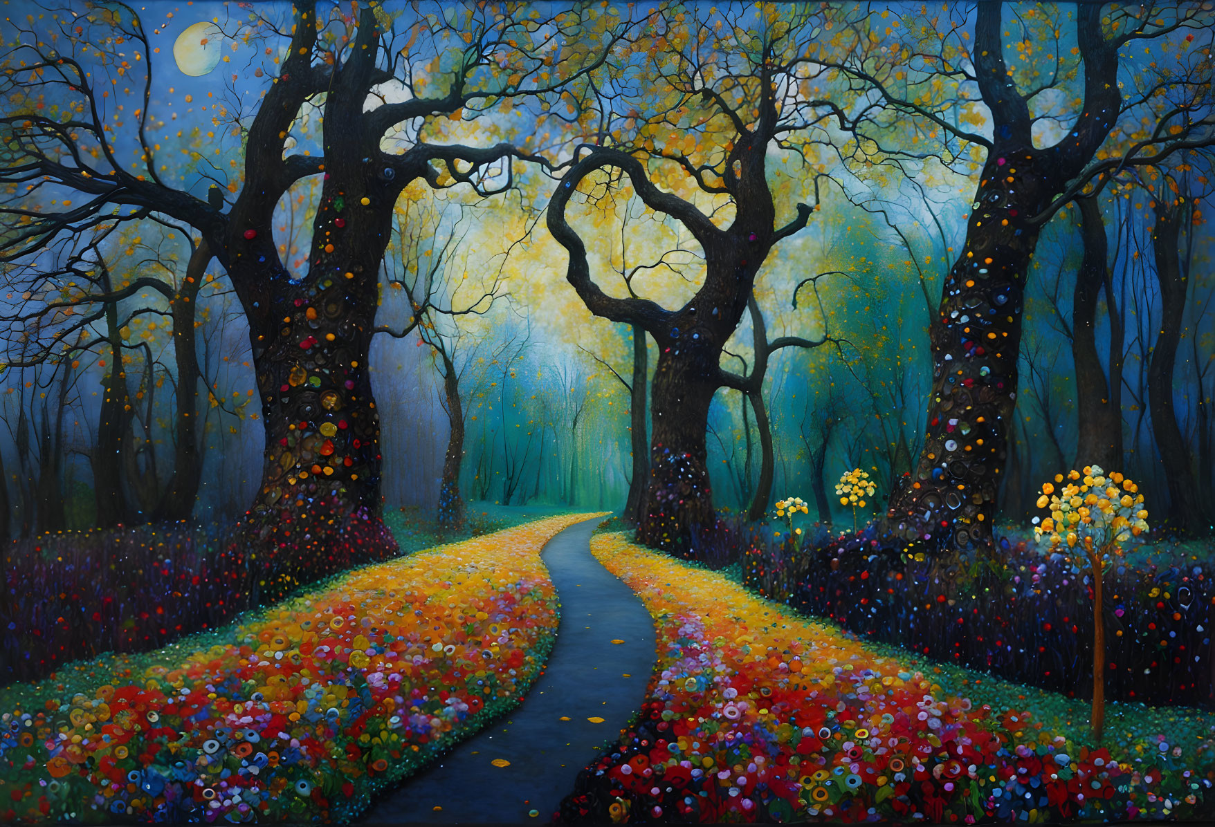 Vibrant painting of whimsical forest path under moonlit sky