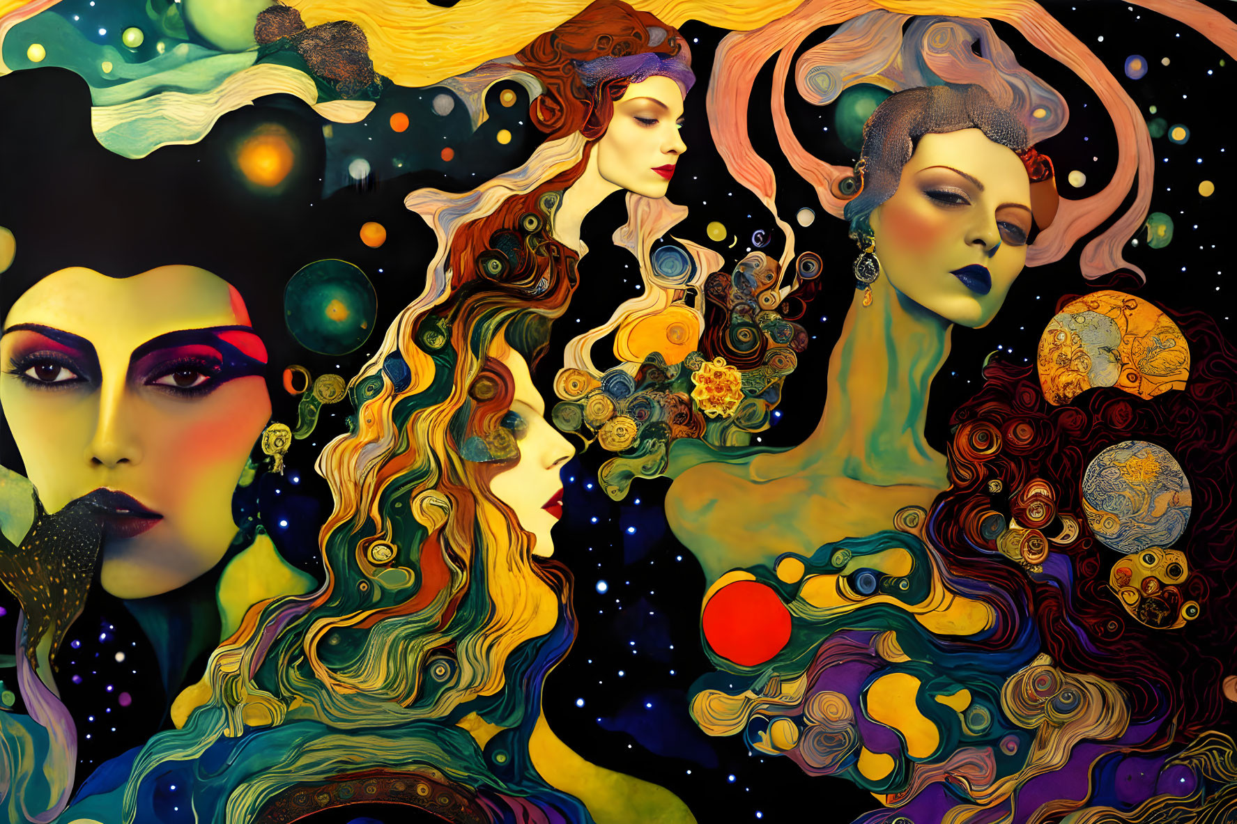 Artwork of three women with space and nature elements in hair against cosmic backdrop