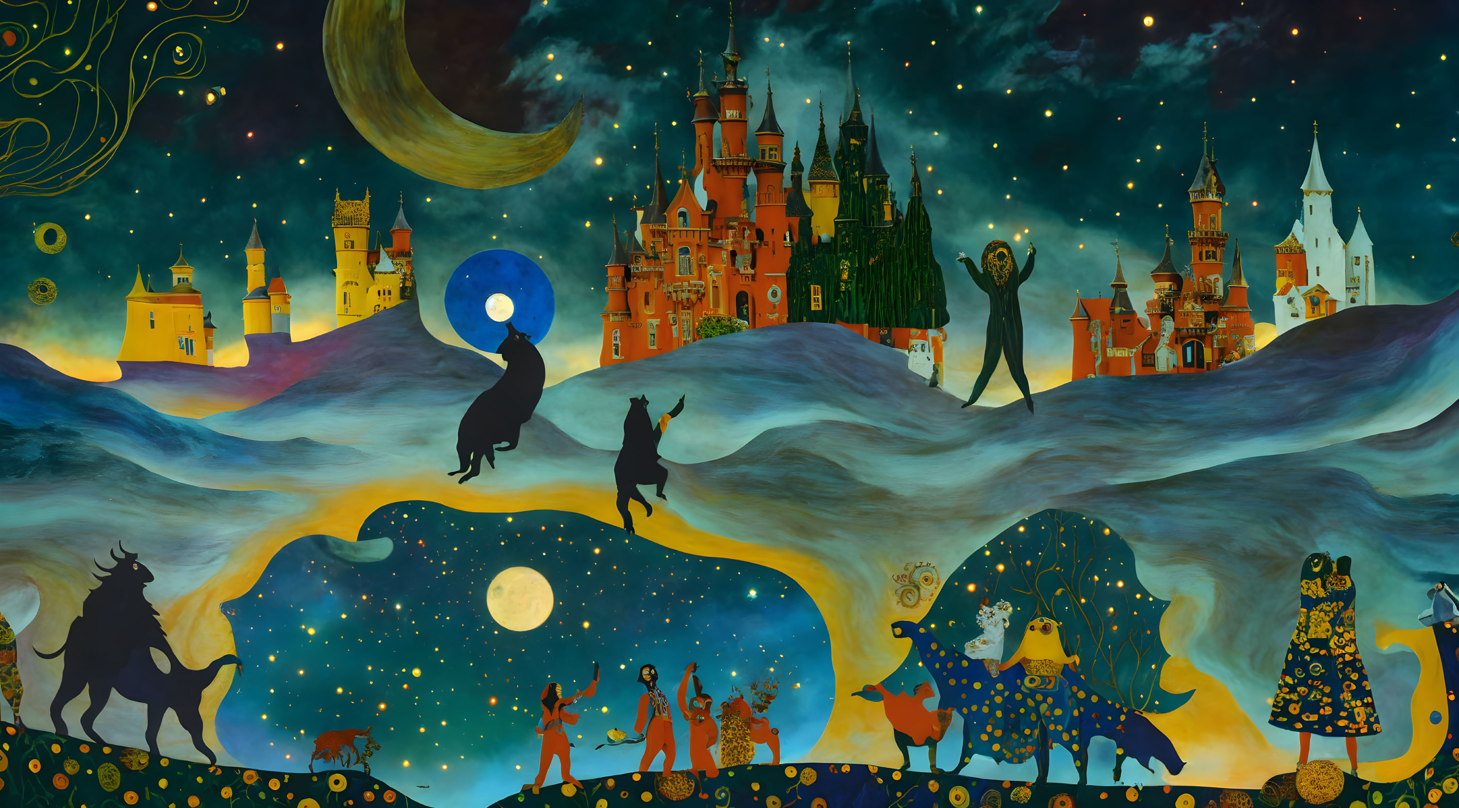 Fantastical landscape with castles, celestial bodies, and silhouetted figures under a star
