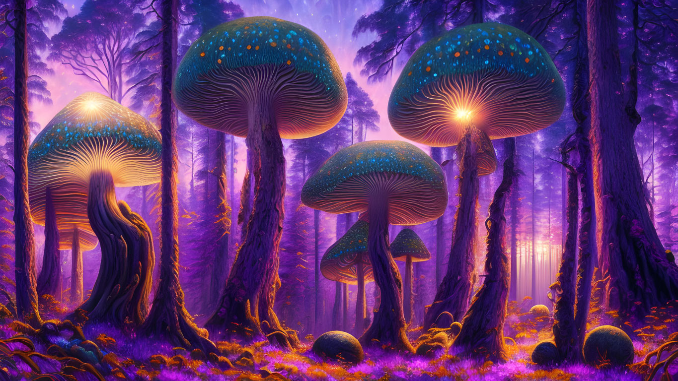 Vibrant fantasy forest with oversized luminescent mushrooms under purple and pink sky