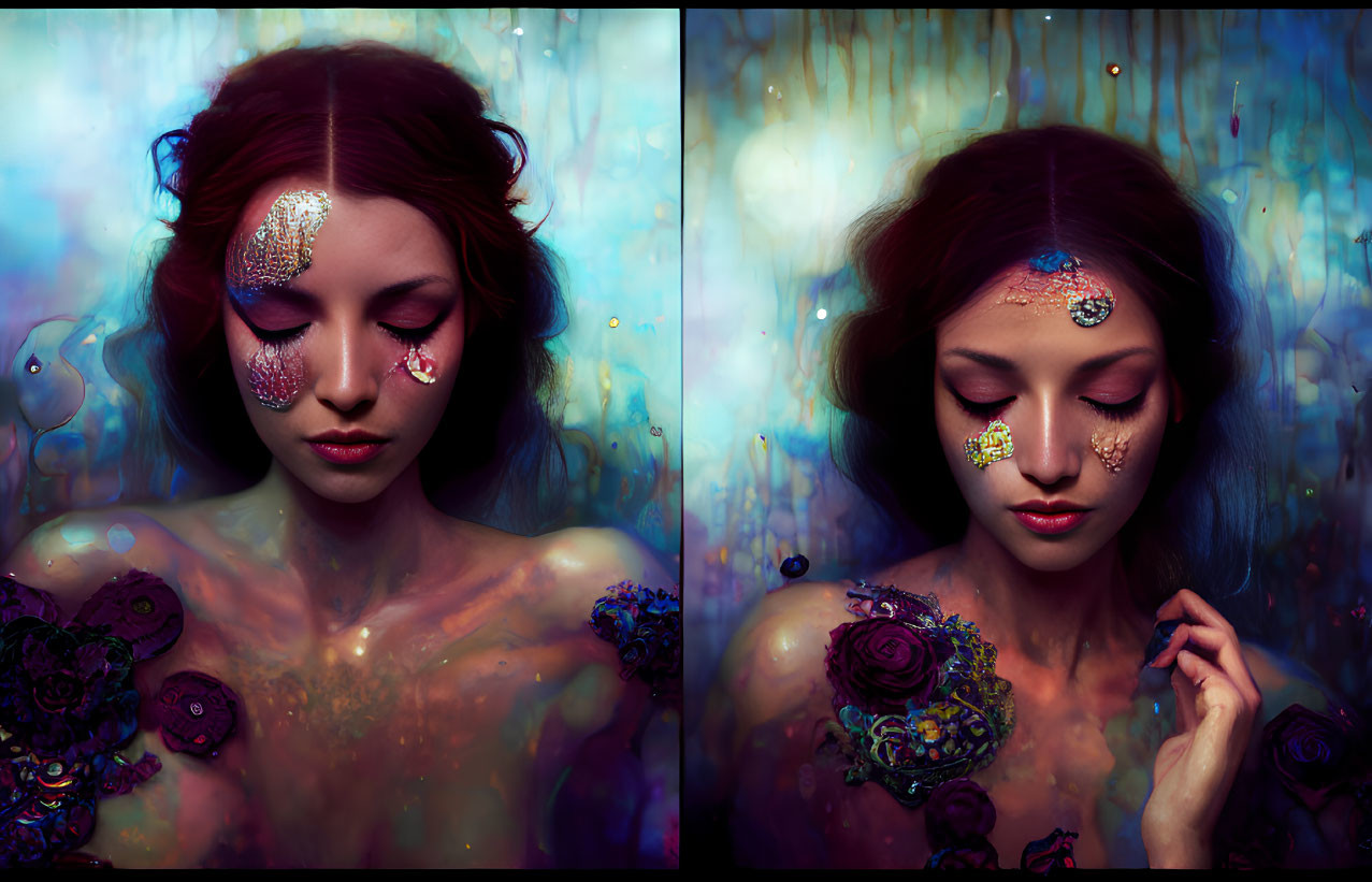 Red-haired woman with artistic makeup in diptych against mystical background