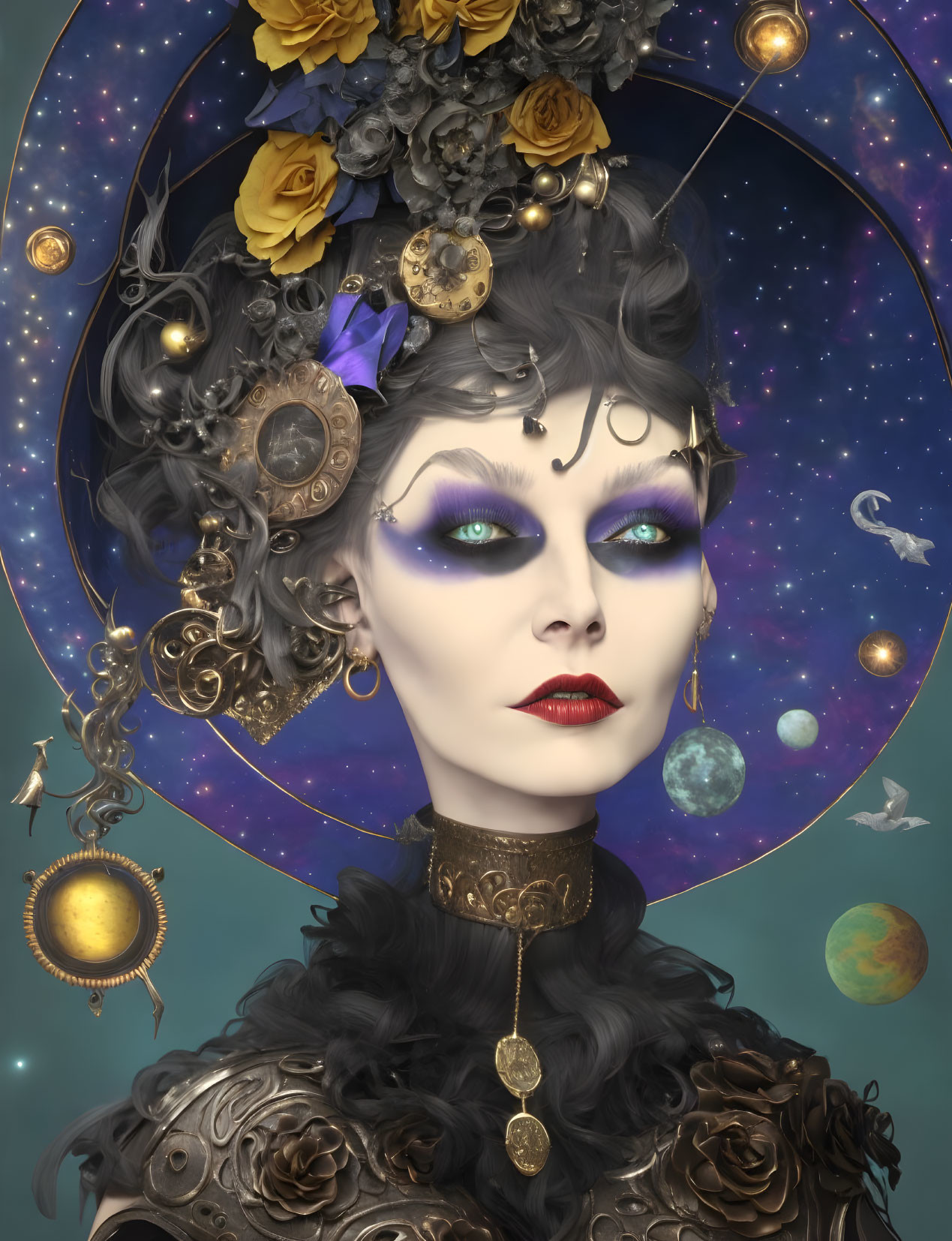 Surreal portrait of woman with elaborate headdress and cosmic background