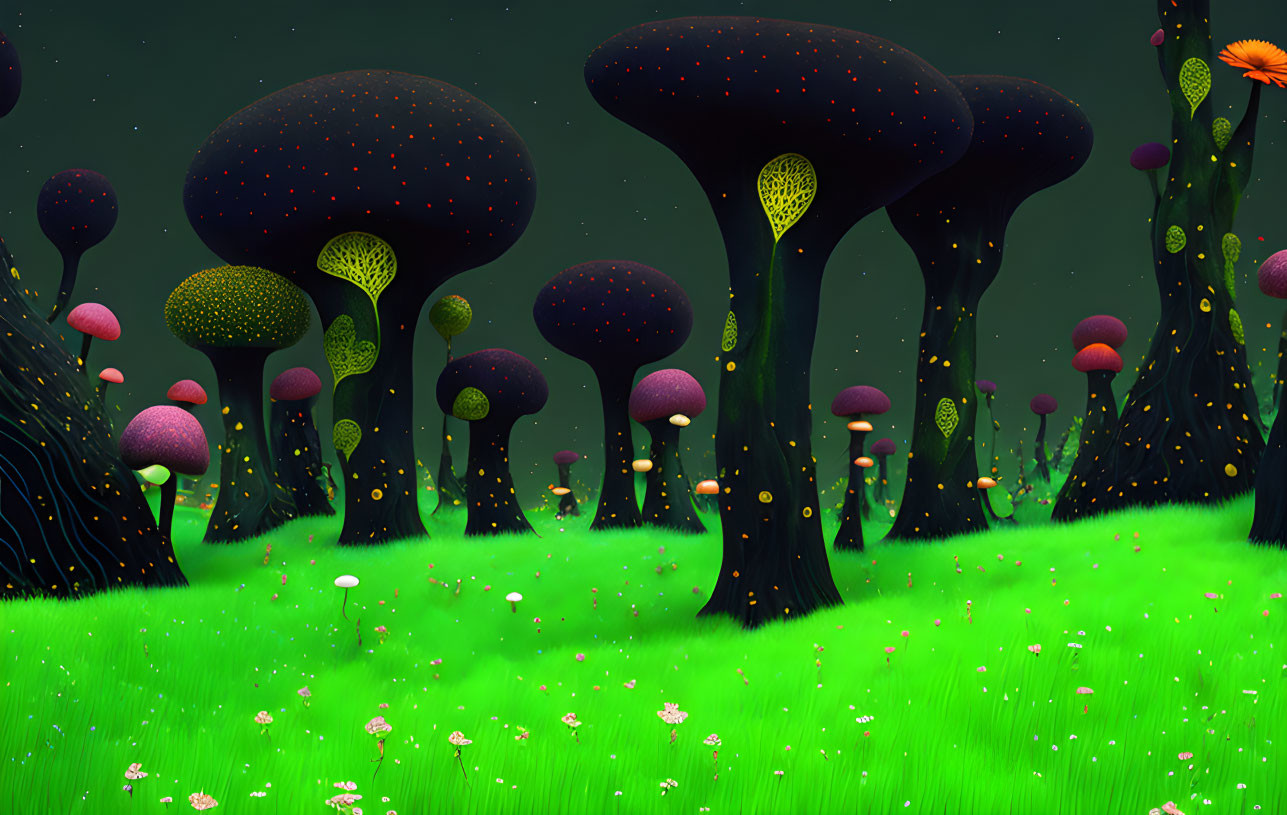 Fantasy landscape with oversized mushroom-like trees and luminous green field