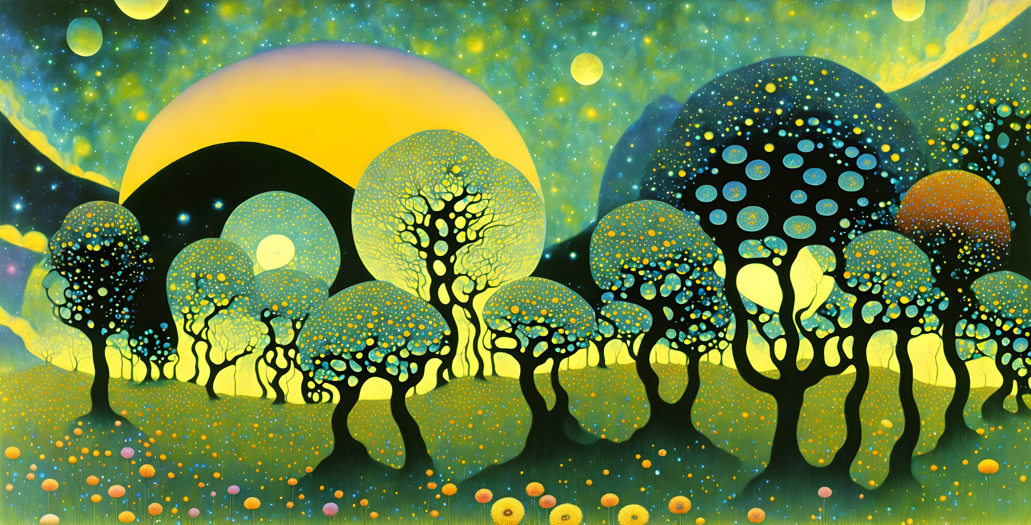 Colorful Psychedelic Landscape with Stylized Trees and Moons