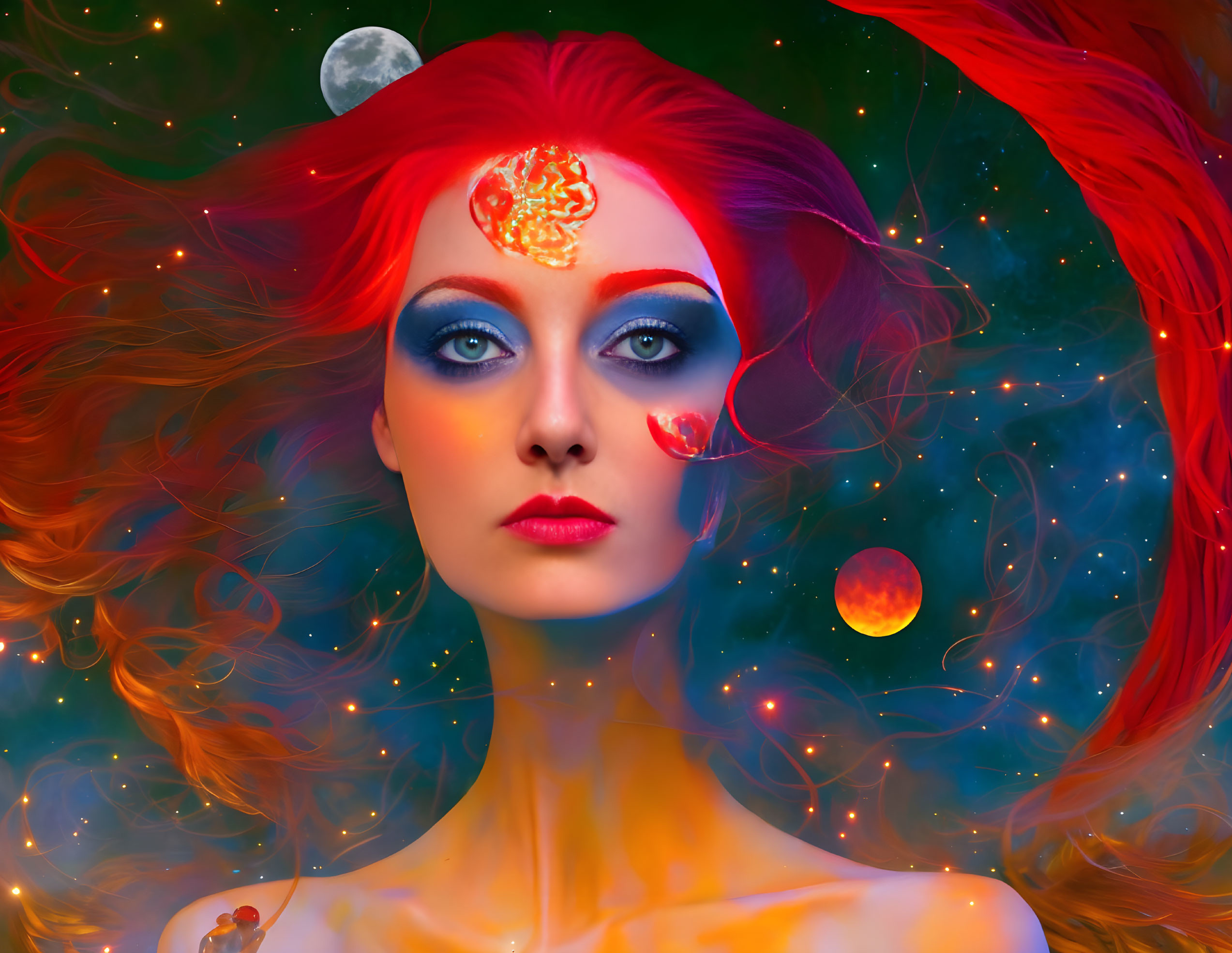 Fiery red-haired woman with celestial body makeup in surreal cosmic portrait