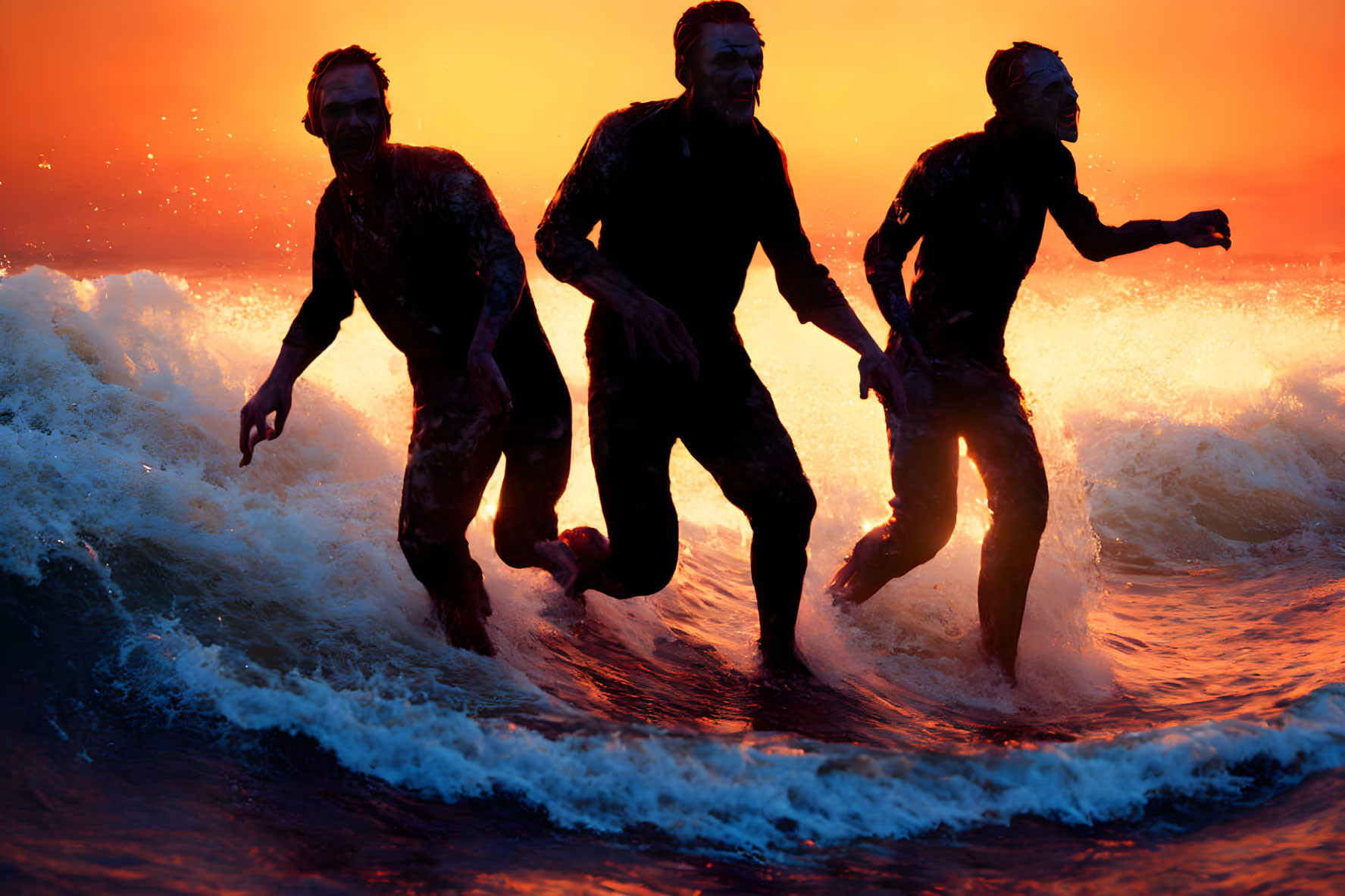 Silhouetted figures running in ocean waves at sunset