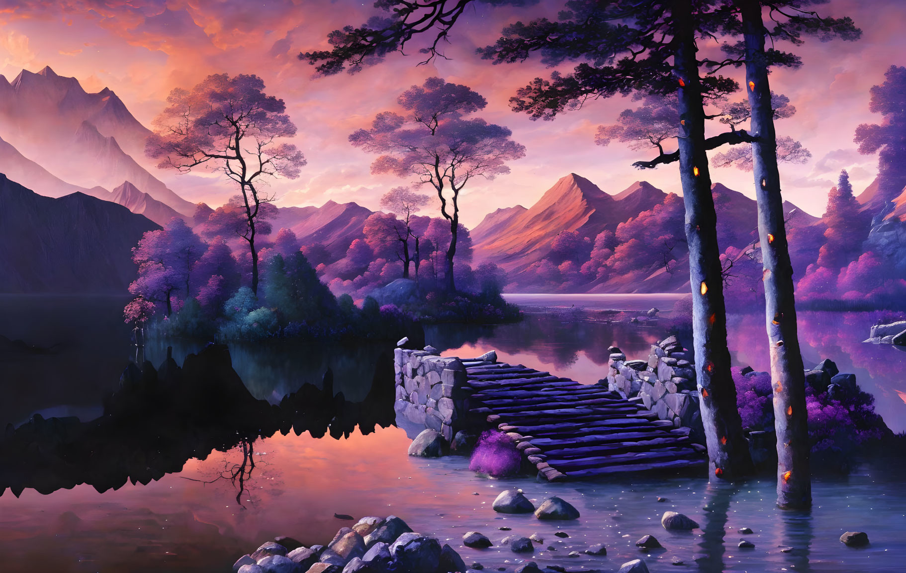 Vibrant purple landscape with lake, trees, mountains, and footbridge