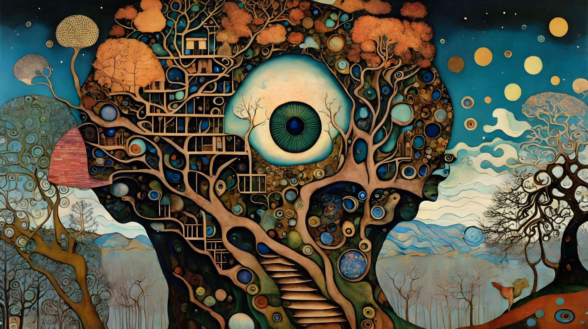 Surreal landscape featuring integrated eye in tree-like structure, surrounded by whimsical shapes, patterns,