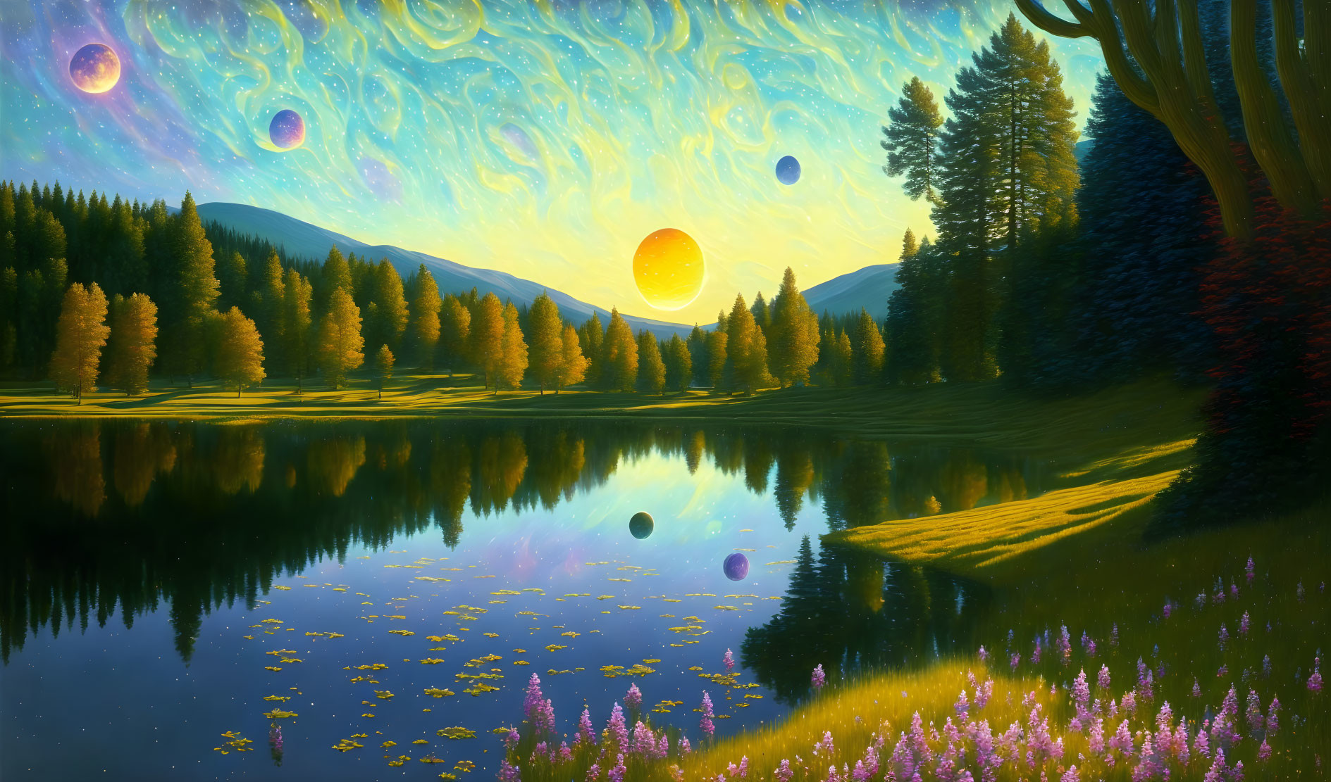 Digital landscape with reflective lake, forest, and colorful celestial bodies.