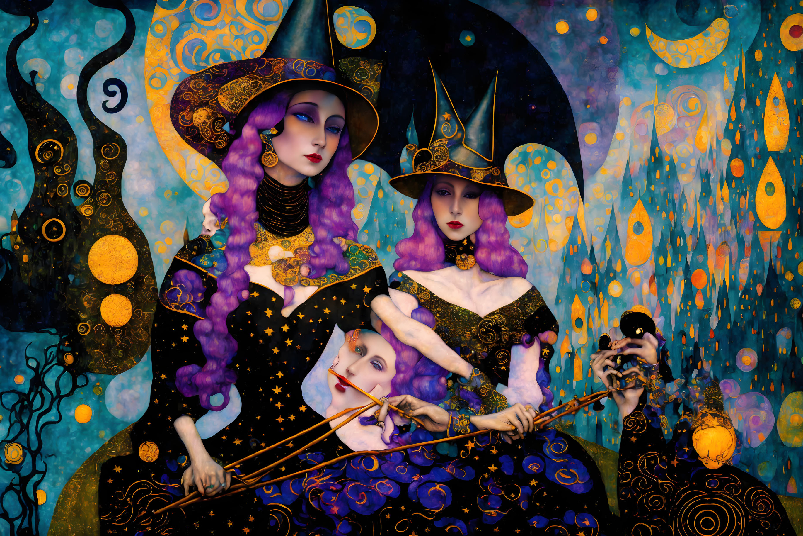 Stylized witches with purple hair playing violins in mystical setting