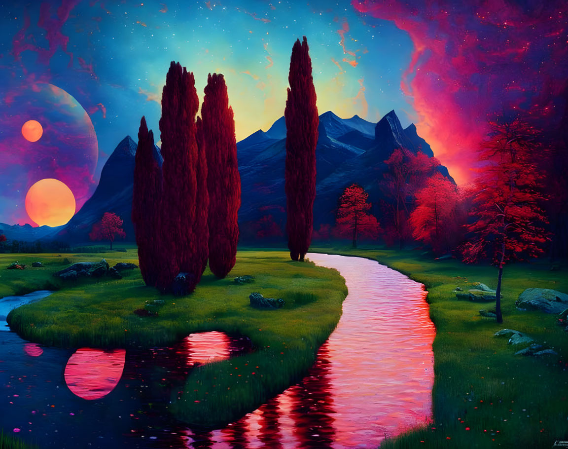 Fantasy landscape with pink river, cypress trees, double moons, nebulae, stars,