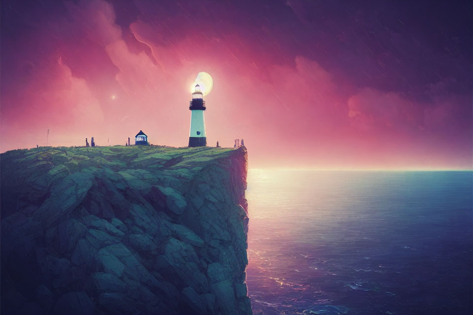 Lighthouse on Cliff with Glowing Bulb under Purple-Pink Sky