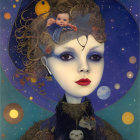 Surreal portrait of woman with elaborate headdress and cosmic background