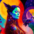 Digital artwork of woman, owls, and cosmic scene.