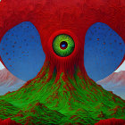Colorful Surreal Tree with Eye in Cosmic Landscape and Rolling Hills