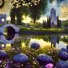 Whimsical landscape with river, floral foreground, castles, bridge, night sky