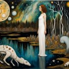 Whimsical painting: Woman, cat, orbs, girl by starry river