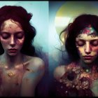 Red-haired woman with artistic makeup in diptych against mystical background