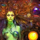 Fantasy female creature with ornate, swirling hair and glowing orbs.