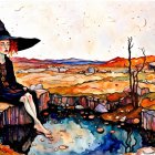 Fantastical painting of witch in starry hat on swirling landscape