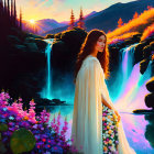 Woman in white dress near colorful flower-lined waterfall at sunset