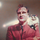 Elderly man with mustache in maroon blazer and calico cat on shoulder in cosmic