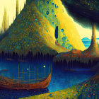 Colorful Artwork: Whimsical Landscape with Northern Lights, Lake, Boat, and Flowered
