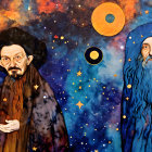 Three stylized individuals in celestial setting with vibrant orbs.