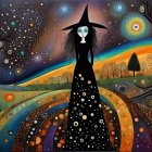 Colorful Witch Illustration in Cosmic Landscape