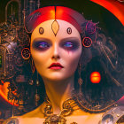 Futuristic sci-fi female figure with makeup and headgear in mechanical setting