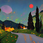 Stylized nocturnal landscape with cypress trees and two moons