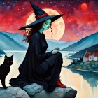 Witch with black cats by river under starry sky