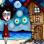 Surreal artwork: large-eyed girl, starry sky, quaint house.