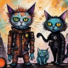 Three cybernetic cats with glowing eyes in front of futuristic cityscape.