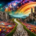 Stone path through colorful flower field to ancient ruins under swirling galaxy