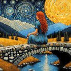 Red-haired woman on stone bridge in Van Gogh-style landscape with swirling skies and yellow sun