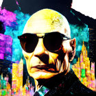 Stylized portrait of a bald man in sunglasses with skyline