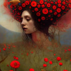 Surreal image: Woman with fruit and flower headdress, glowing mushrooms, moon.